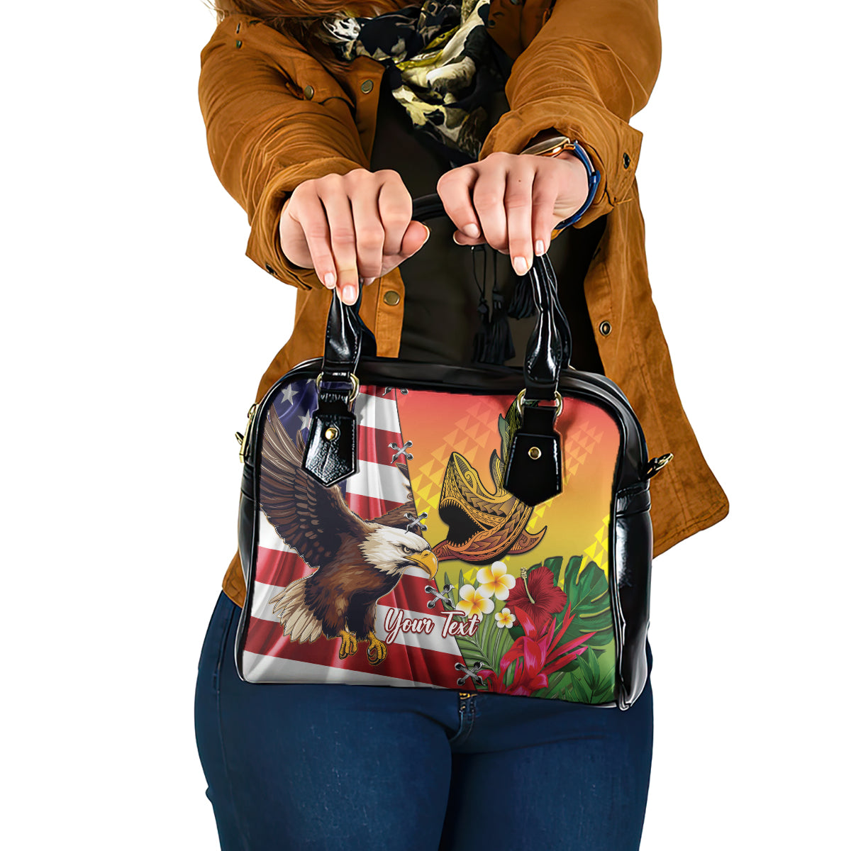 Personalised United States And Hawaii Shoulder Handbag USA Eagle With Hawaiian Shark Tattoo LT14 One Size Red - Polynesian Pride