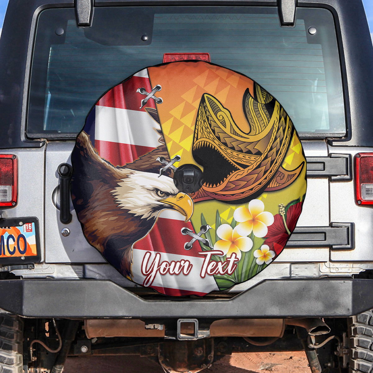 Personalised United States And Hawaii Spare Tire Cover USA Eagle With Hawaiian Shark Tattoo LT14 Red - Polynesian Pride