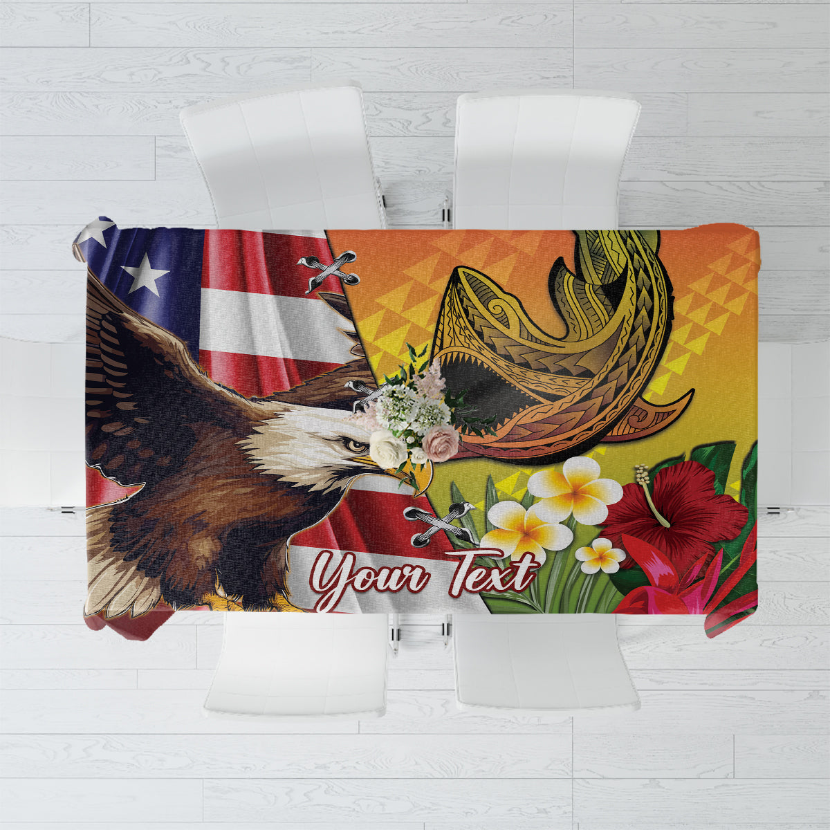 Personalised United States And Hawaii Tablecloth USA Eagle With Hawaiian Shark Tattoo