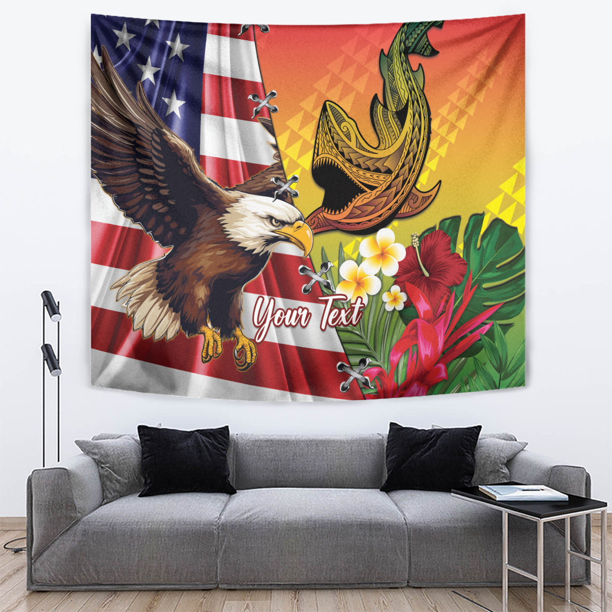 Personalised United States And Hawaii Tapestry USA Eagle With Hawaiian Shark Tattoo LT14 Red - Polynesian Pride