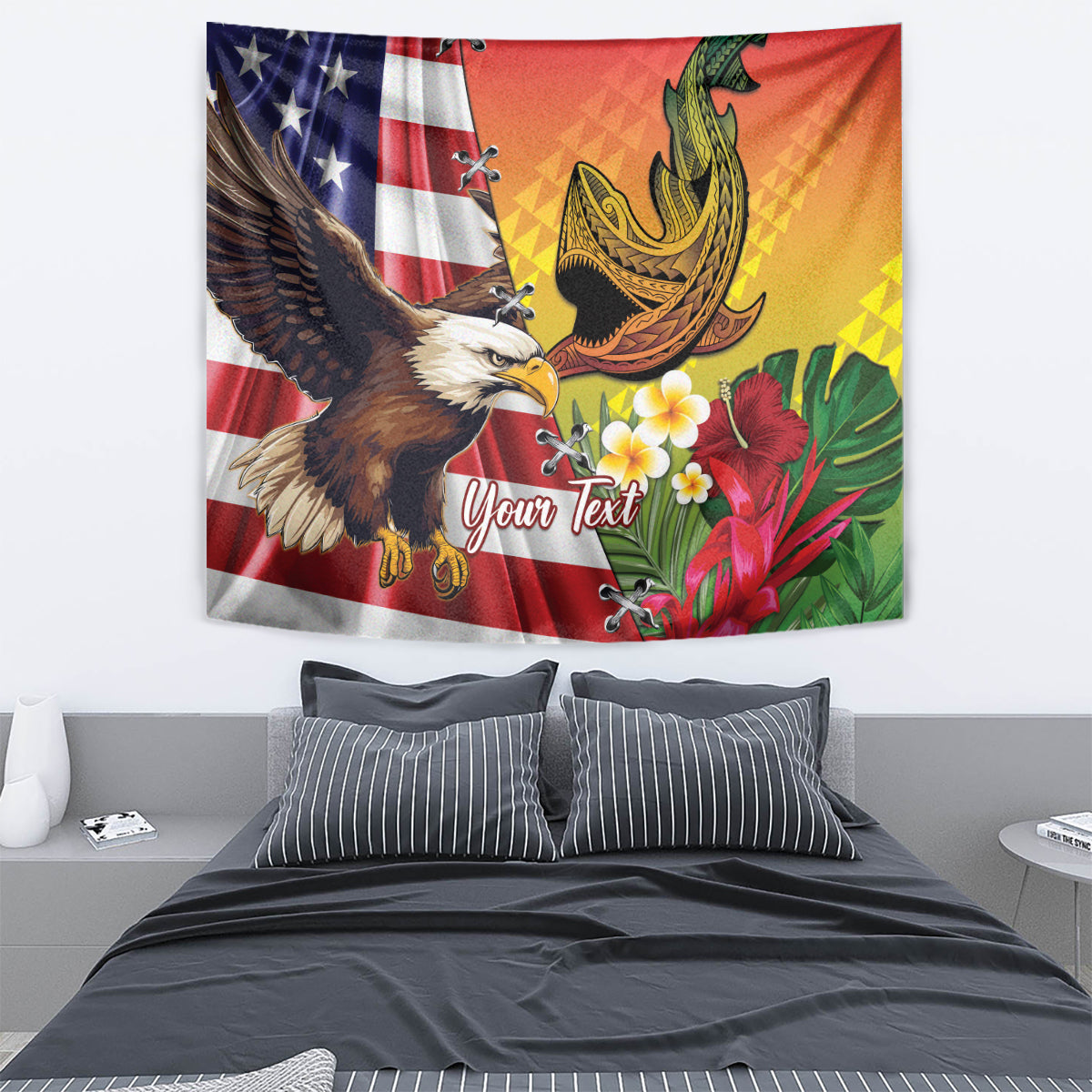 Personalised United States And Hawaii Tapestry USA Eagle With Hawaiian Shark Tattoo LT14 - Polynesian Pride