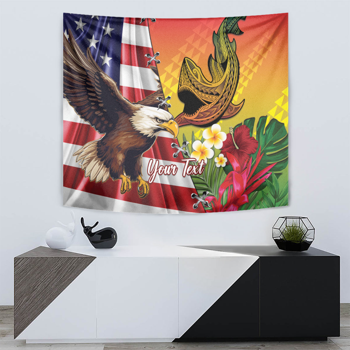 Personalised United States And Hawaii Tapestry USA Eagle With Hawaiian Shark Tattoo LT14 - Polynesian Pride