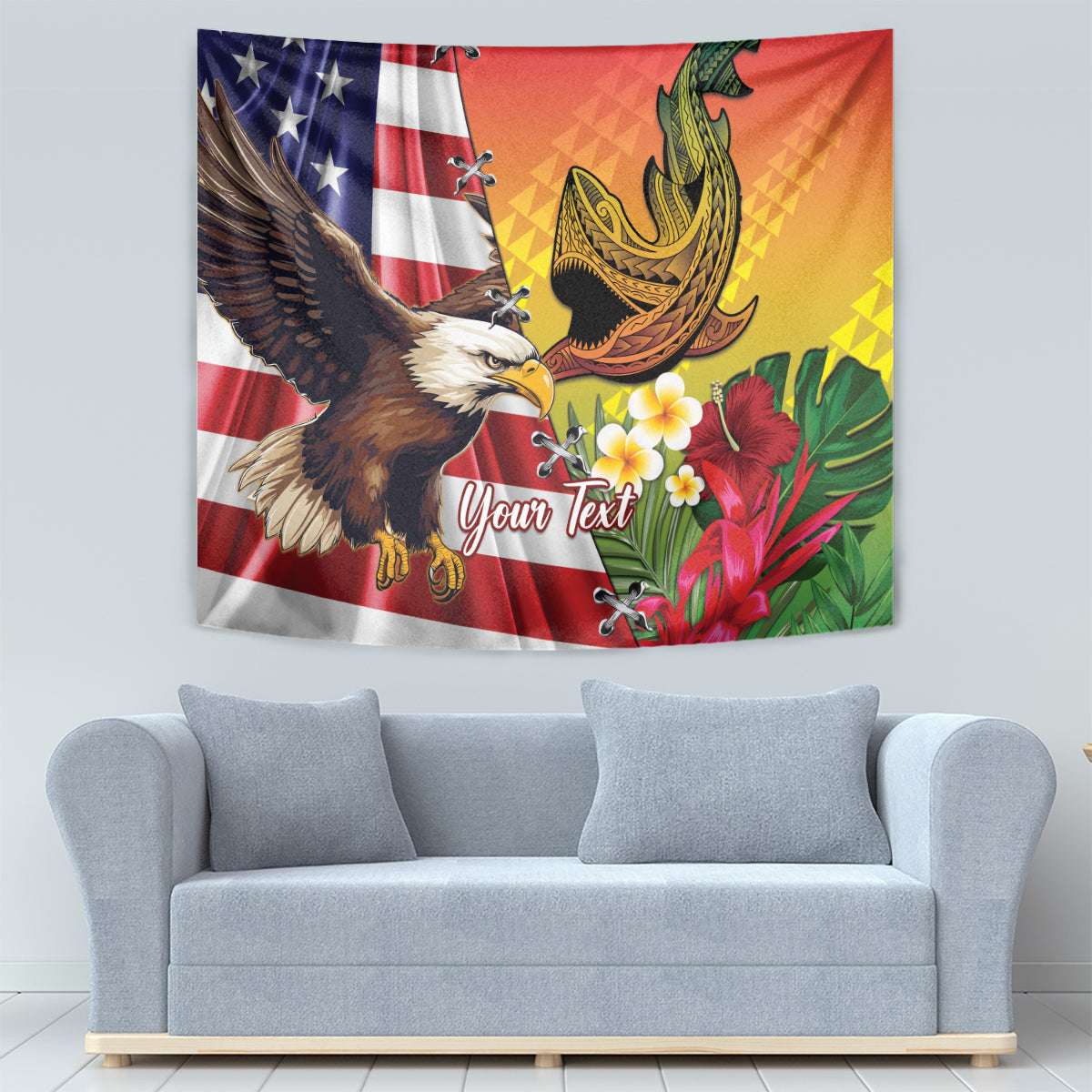 Personalised United States And Hawaii Tapestry USA Eagle With Hawaiian Shark Tattoo LT14 - Polynesian Pride