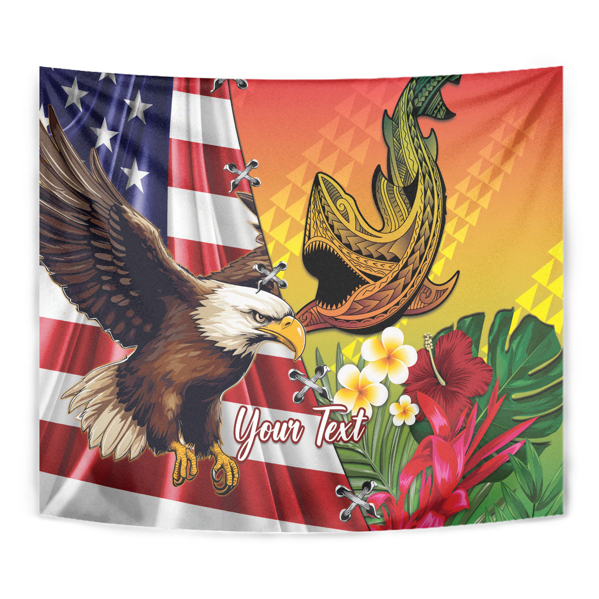 Personalised United States And Hawaii Tapestry USA Eagle With Hawaiian Shark Tattoo LT14 - Polynesian Pride