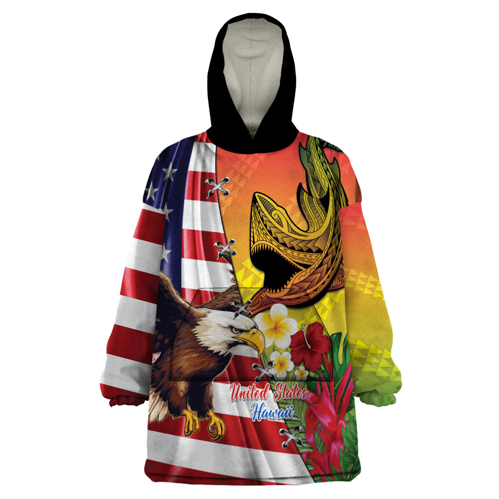 Personalised United States And Hawaii Wearable Blanket Hoodie USA Eagle With Hawaiian Shark Tattoo