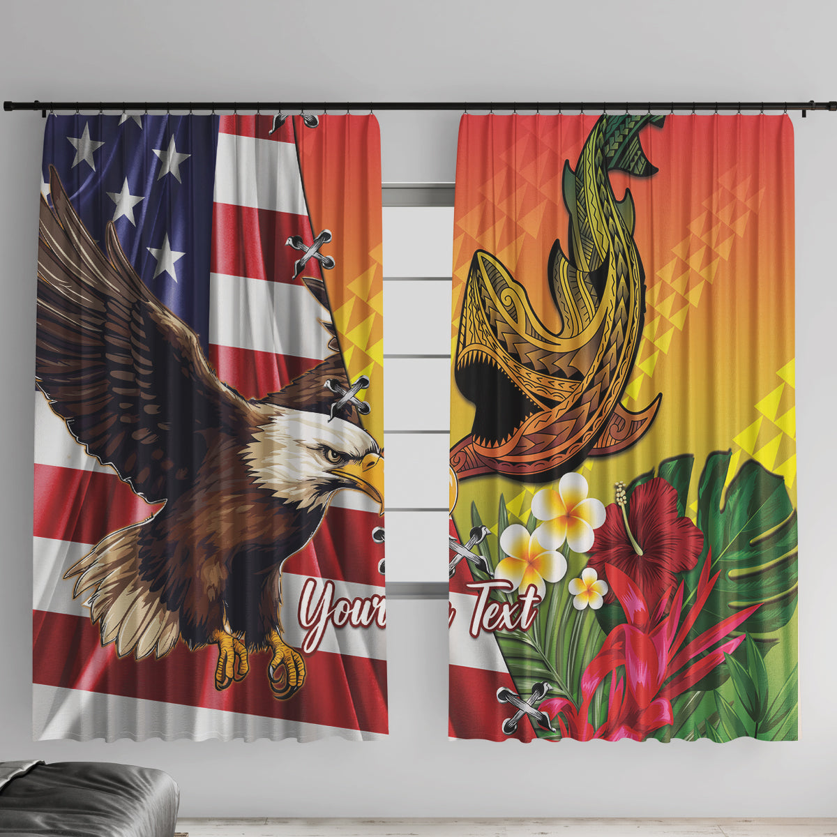 Personalised United States And Hawaii Window Curtain USA Eagle With Hawaiian Shark Tattoo