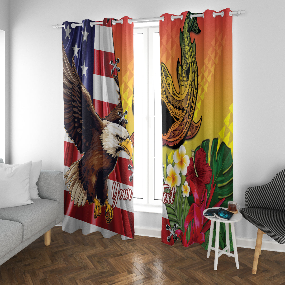 Personalised United States And Hawaii Window Curtain USA Eagle With Hawaiian Shark Tattoo LT14 With Grommets Red - Polynesian Pride