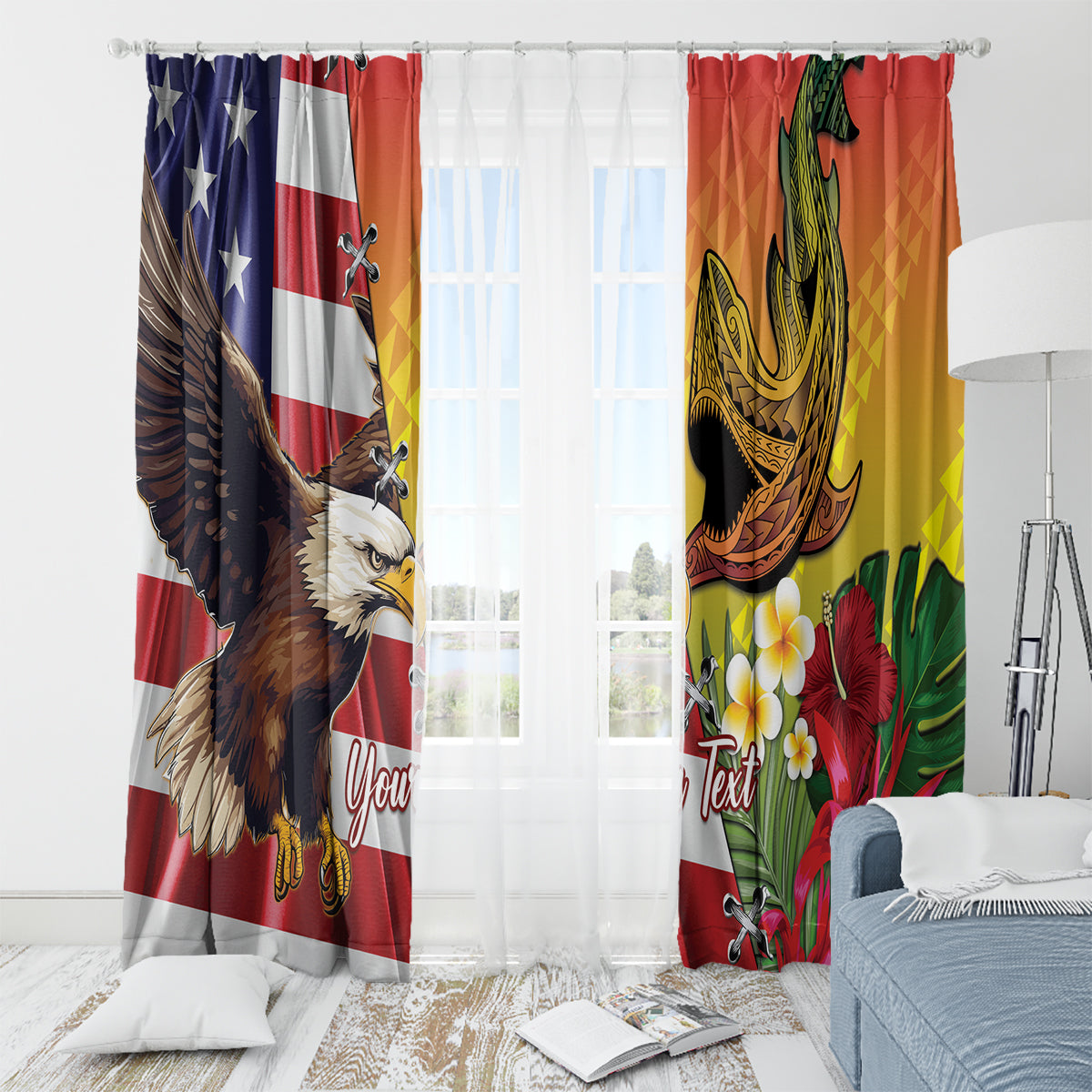 Personalised United States And Hawaii Window Curtain USA Eagle With Hawaiian Shark Tattoo LT14 - Polynesian Pride