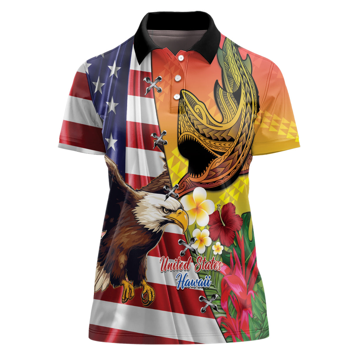 Personalised United States And Hawaii Women Polo Shirt USA Eagle With Hawaiian Shark Tattoo LT14