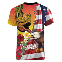 Personalised United States And Hawaii Women V Neck T Shirt USA Eagle With Hawaiian Shark Tattoo