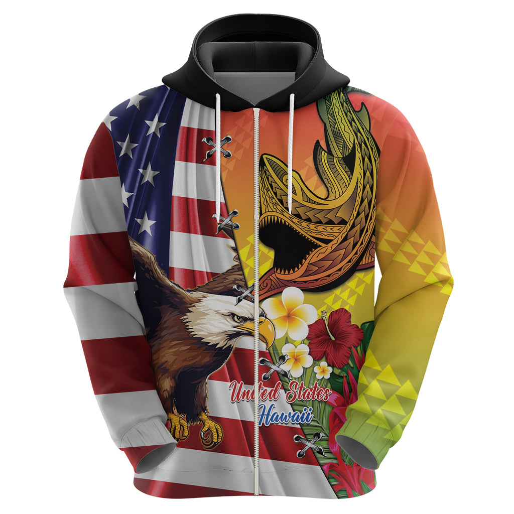 Personalised United States And Hawaii Zip Hoodie USA Eagle With Hawaiian Shark Tattoo