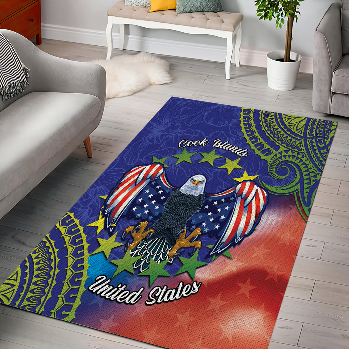 Personalised United States And Cook Islands Area Rug USA Eagle Mix Polynesian Pattern