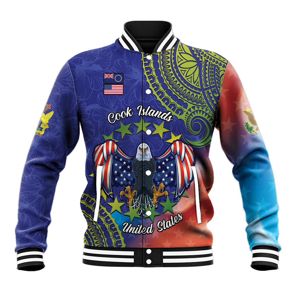 Personalised United States And Cook Islands Baseball Jacket USA Eagle Mix Polynesian Pattern LT14 Unisex Blue - Polynesian Pride