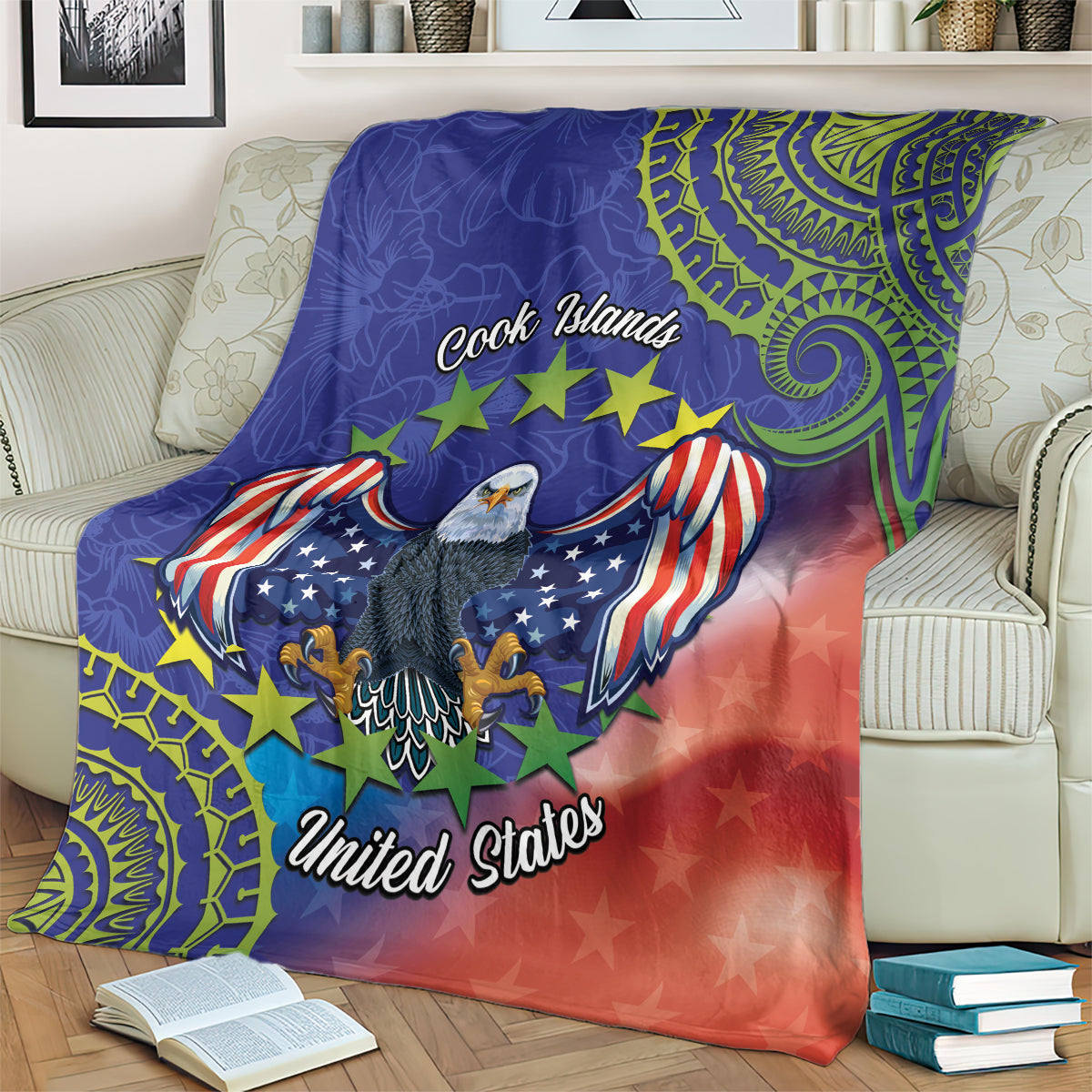 Personalised United States And Cook Islands Blanket USA Eagle Mix Polynesian Pattern LT14 - Polynesian Pride