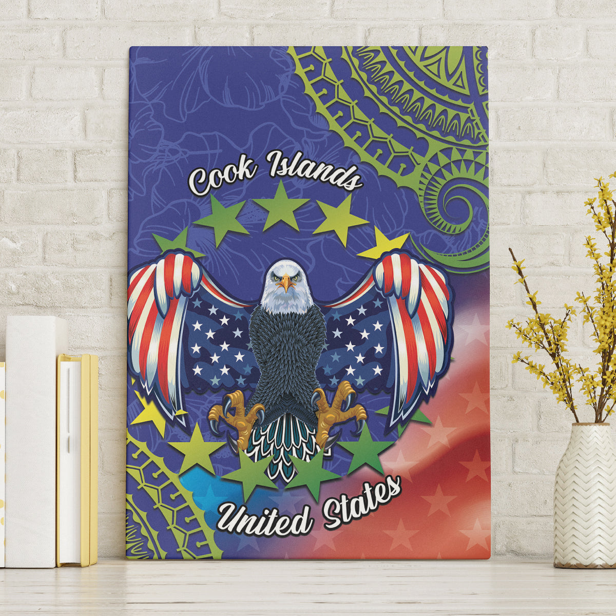 Personalised United States And Cook Islands Canvas Wall Art USA Eagle Mix Polynesian Pattern LT14 Without Frame Blue - Polynesian Pride