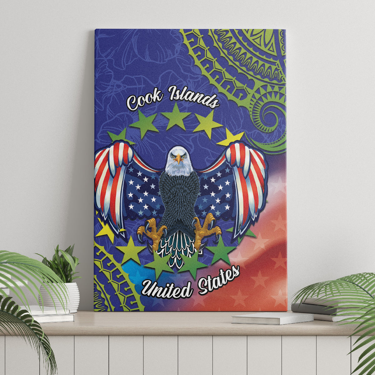Personalised United States And Cook Islands Canvas Wall Art USA Eagle Mix Polynesian Pattern LT14 - Polynesian Pride
