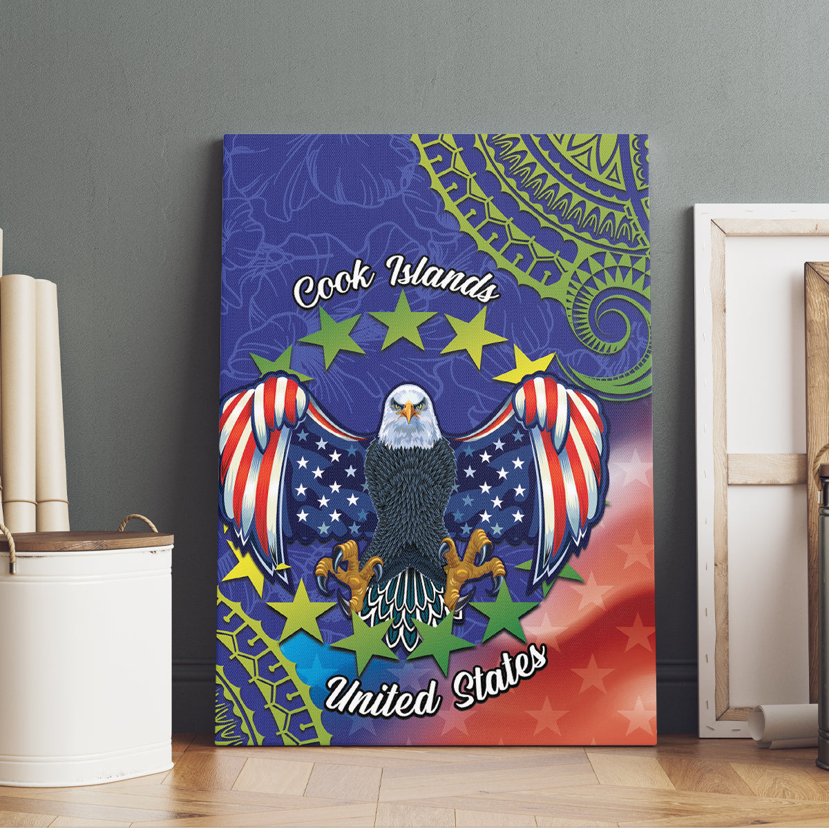 Personalised United States And Cook Islands Canvas Wall Art USA Eagle Mix Polynesian Pattern LT14 - Polynesian Pride