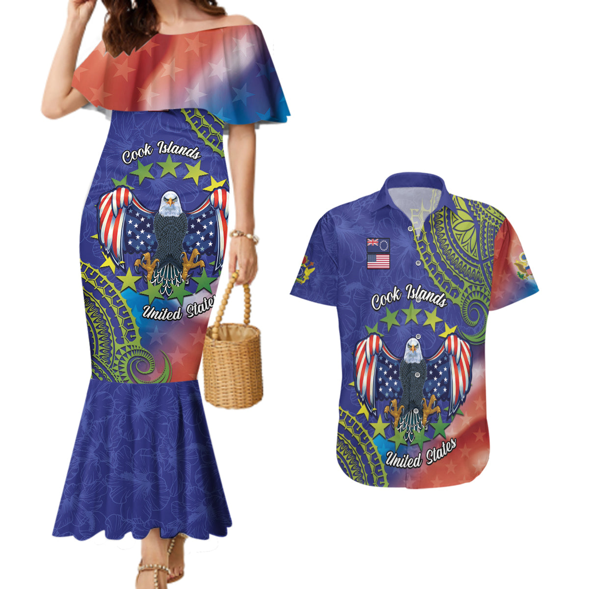 Personalised United States And Cook Islands Couples Matching Mermaid Dress and Hawaiian Shirt USA Eagle Mix Polynesian Pattern