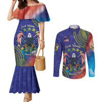 Personalised United States And Cook Islands Couples Matching Mermaid Dress and Long Sleeve Button Shirt USA Eagle Mix Polynesian Pattern LT14 Blue - Polynesian Pride