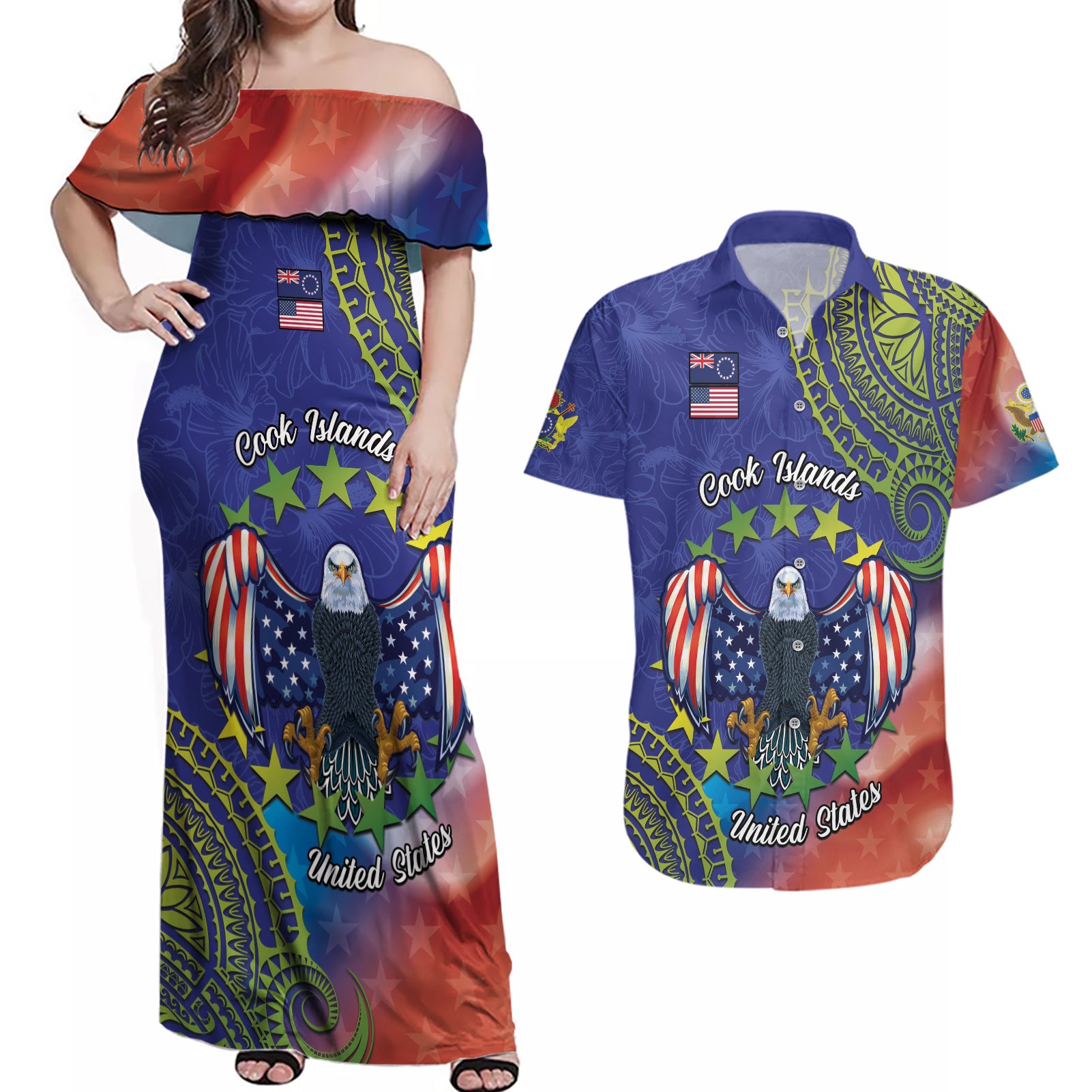 Personalised United States And Cook Islands Couples Matching Off Shoulder Maxi Dress and Hawaiian Shirt USA Eagle Mix Polynesian Pattern