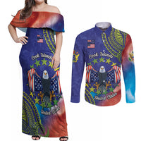 Personalised United States And Cook Islands Couples Matching Off Shoulder Maxi Dress and Long Sleeve Button Shirt USA Eagle Mix Polynesian Pattern LT14 Blue - Polynesian Pride