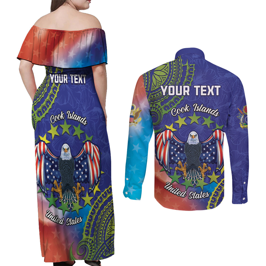 Personalised United States And Cook Islands Couples Matching Off Shoulder Maxi Dress and Long Sleeve Button Shirt USA Eagle Mix Polynesian Pattern LT14 - Polynesian Pride