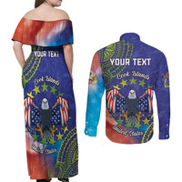 Personalised United States And Cook Islands Couples Matching Off Shoulder Maxi Dress and Long Sleeve Button Shirt USA Eagle Mix Polynesian Pattern LT14 - Polynesian Pride