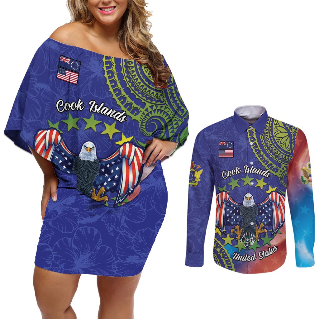 Personalised United States And Cook Islands Couples Matching Off Shoulder Short Dress and Long Sleeve Button Shirt USA Eagle Mix Polynesian Pattern LT14 Blue - Polynesian Pride