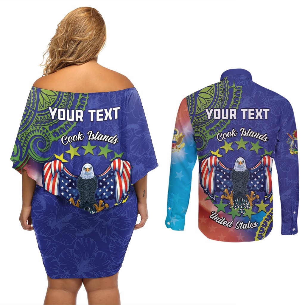 Personalised United States And Cook Islands Couples Matching Off Shoulder Short Dress and Long Sleeve Button Shirt USA Eagle Mix Polynesian Pattern LT14 - Polynesian Pride