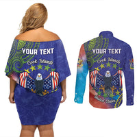 Personalised United States And Cook Islands Couples Matching Off Shoulder Short Dress and Long Sleeve Button Shirt USA Eagle Mix Polynesian Pattern LT14 - Polynesian Pride