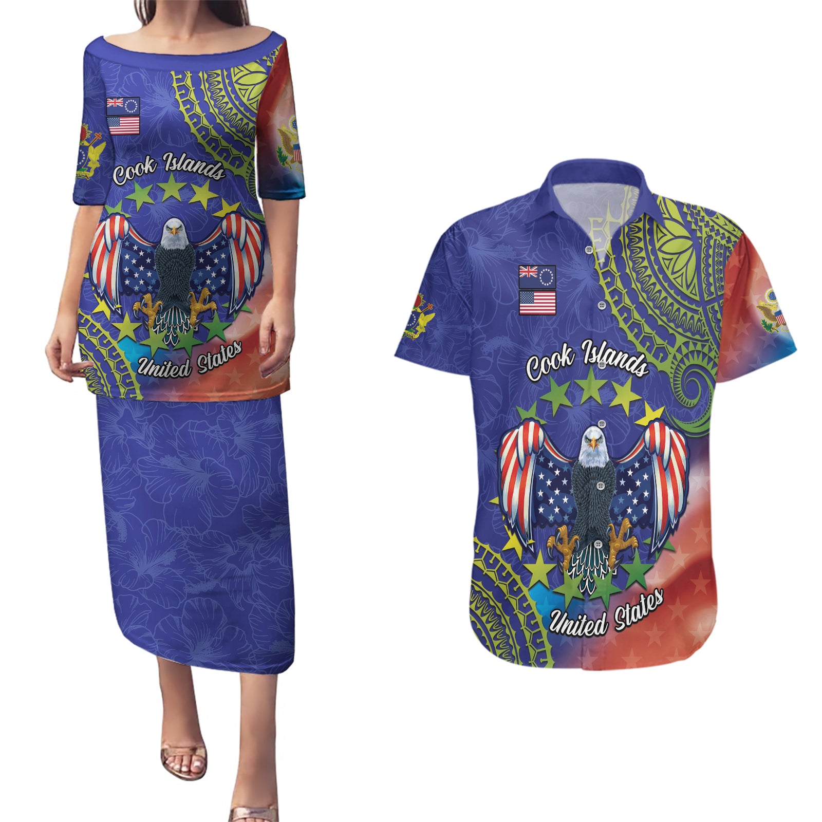 Personalised United States And Cook Islands Couples Matching Puletasi and Hawaiian Shirt USA Eagle Mix Polynesian Pattern LT14 Blue - Polynesian Pride