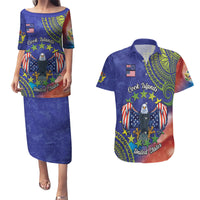 Personalised United States And Cook Islands Couples Matching Puletasi and Hawaiian Shirt USA Eagle Mix Polynesian Pattern LT14 Blue - Polynesian Pride