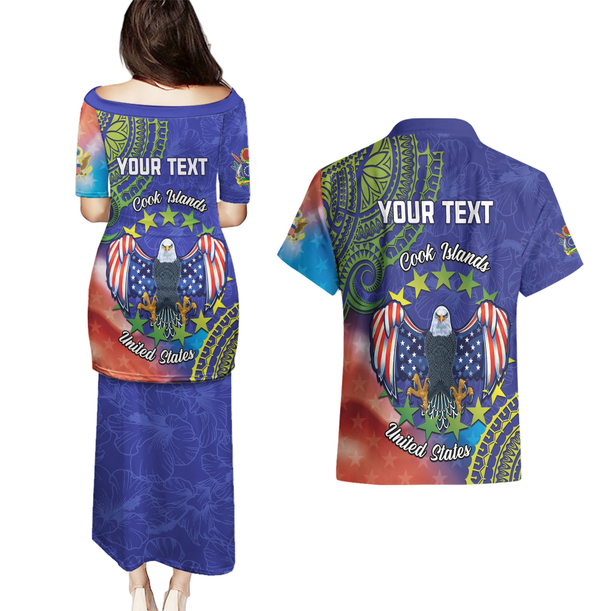 Personalised United States And Cook Islands Couples Matching Puletasi and Hawaiian Shirt USA Eagle Mix Polynesian Pattern LT14 - Polynesian Pride