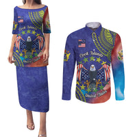 Personalised United States And Cook Islands Couples Matching Puletasi and Long Sleeve Button Shirt USA Eagle Mix Polynesian Pattern LT14 Blue - Polynesian Pride