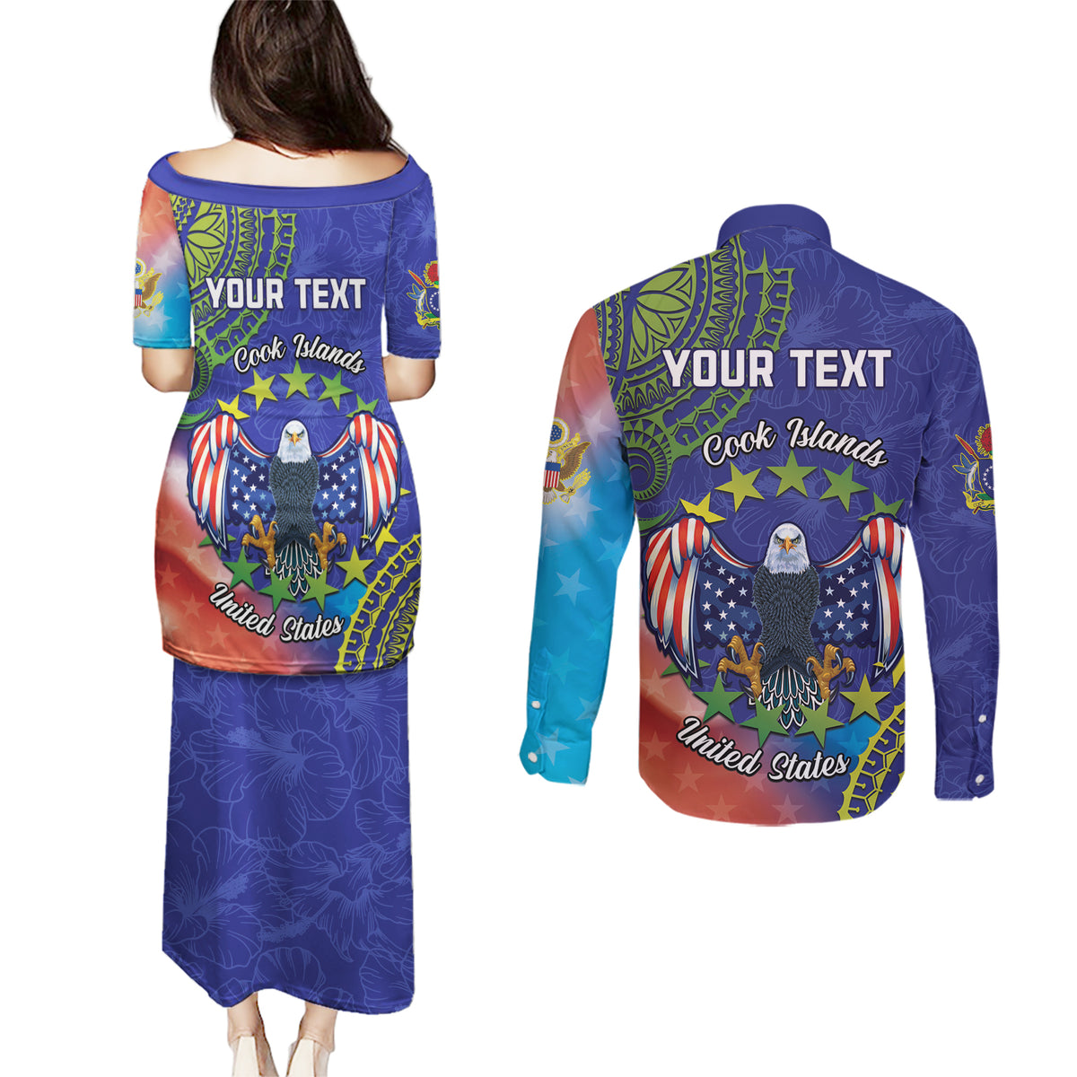 Personalised United States And Cook Islands Couples Matching Puletasi and Long Sleeve Button Shirt USA Eagle Mix Polynesian Pattern LT14 - Polynesian Pride