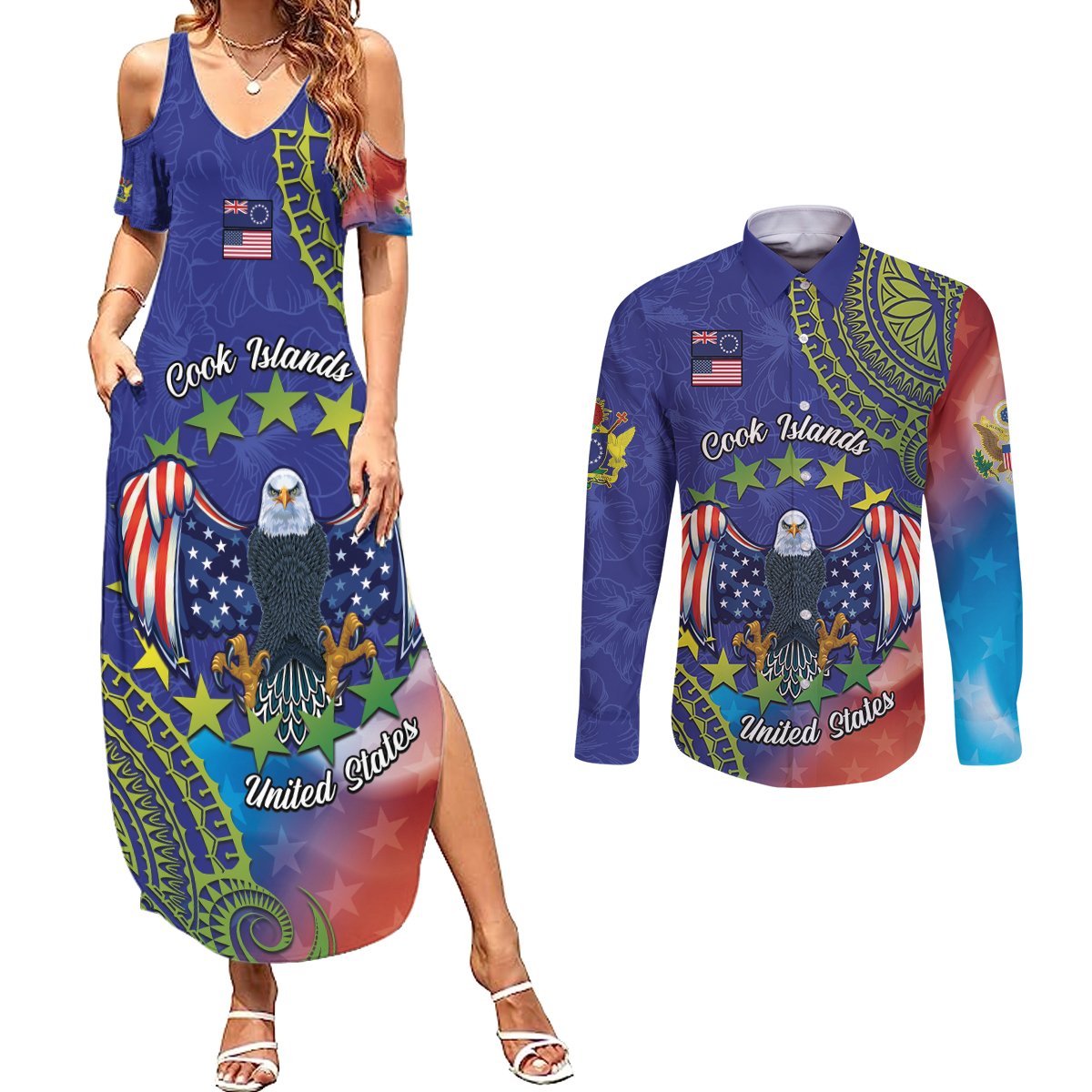 Personalised United States And Cook Islands Couples Matching Summer Maxi Dress and Long Sleeve Button Shirt USA Eagle Mix Polynesian Pattern LT14 Blue - Polynesian Pride