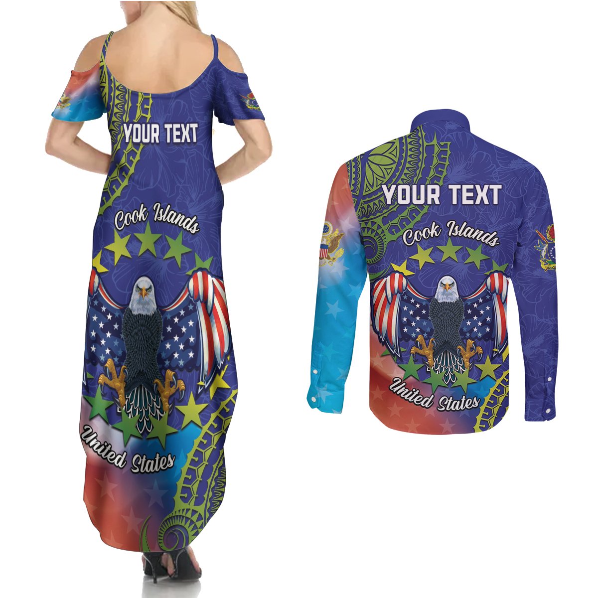 Personalised United States And Cook Islands Couples Matching Summer Maxi Dress and Long Sleeve Button Shirt USA Eagle Mix Polynesian Pattern LT14 - Polynesian Pride