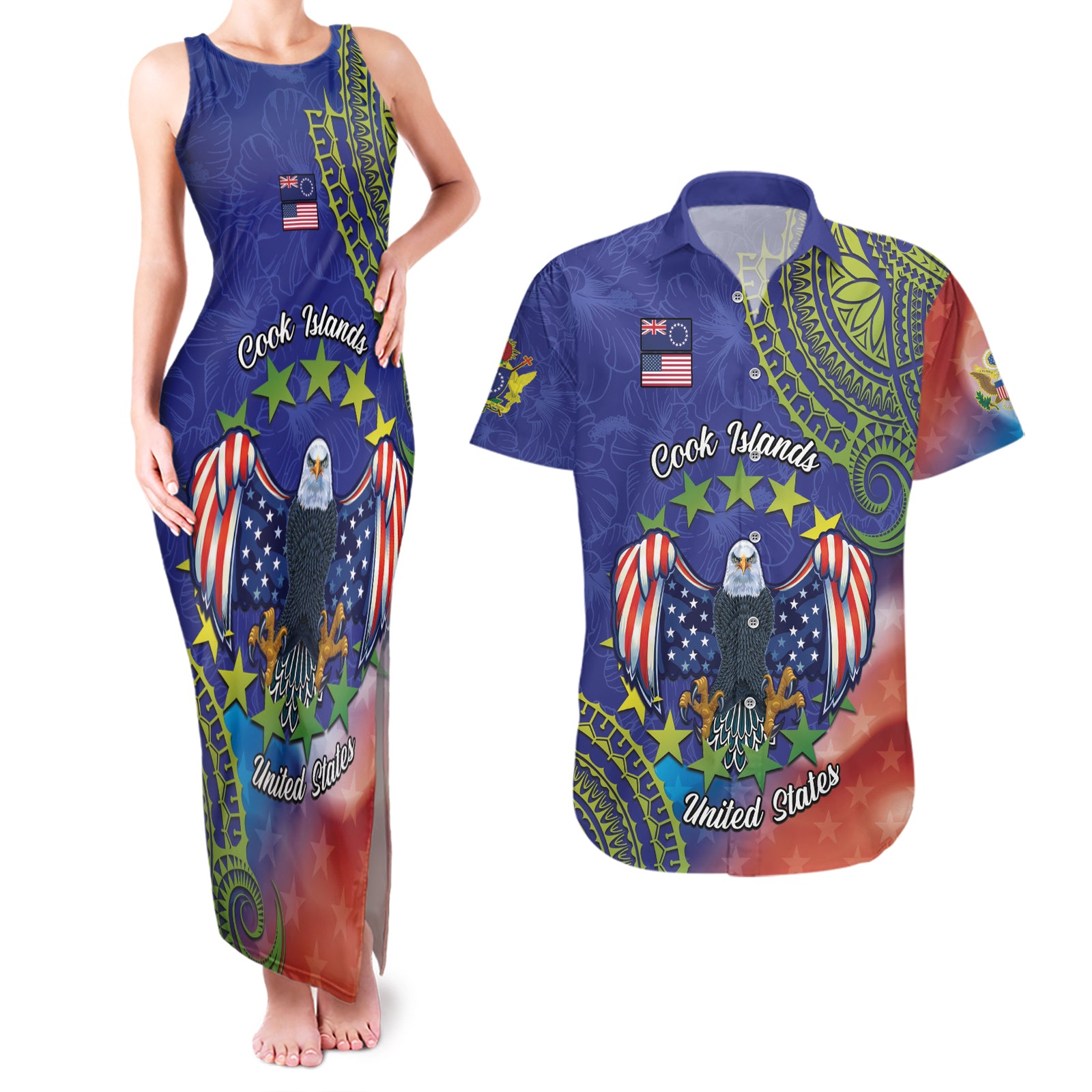 Personalised United States And Cook Islands Couples Matching Tank Maxi Dress and Hawaiian Shirt USA Eagle Mix Polynesian Pattern LT14 Blue - Polynesian Pride