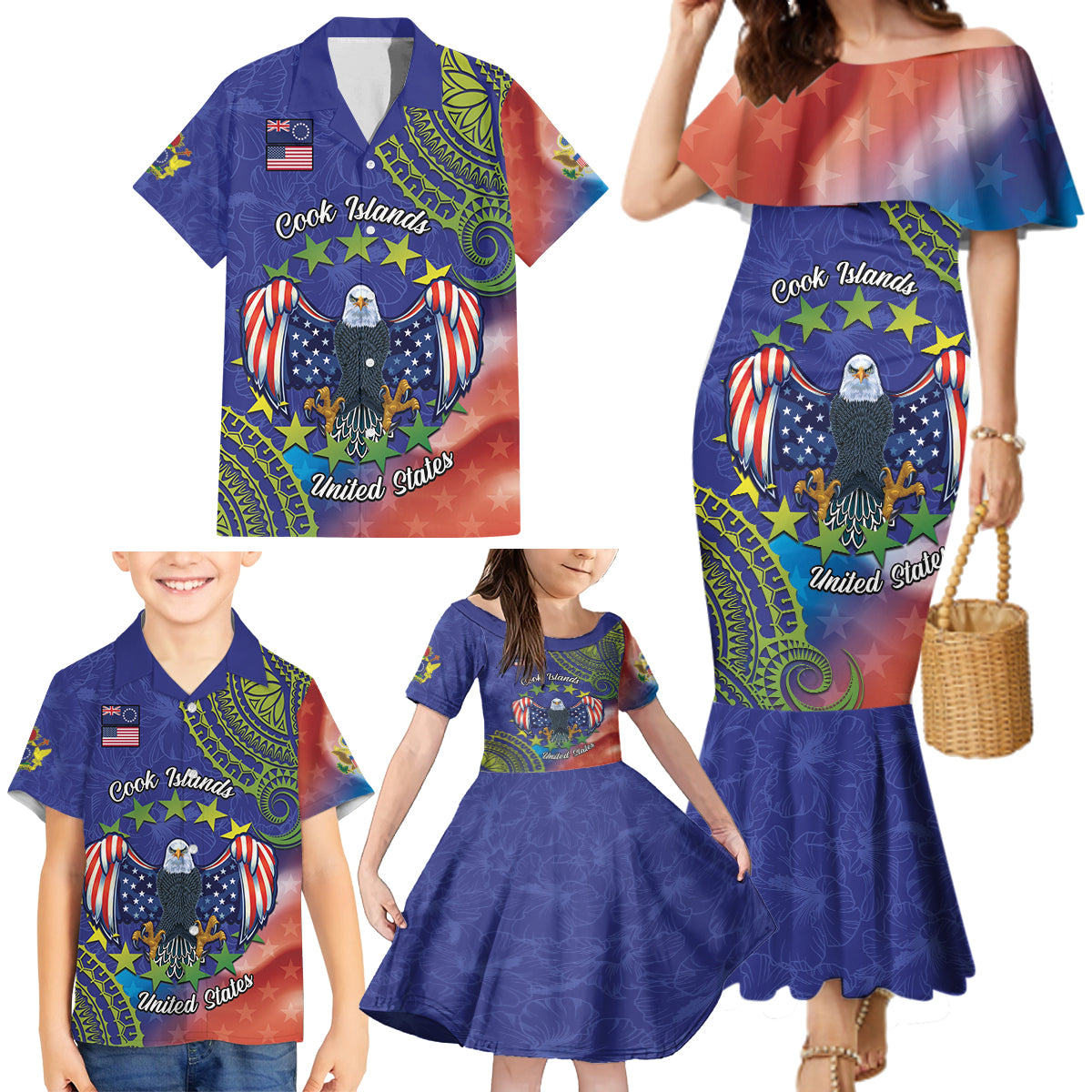 Personalised United States And Cook Islands Family Matching Mermaid Dress and Hawaiian Shirt USA Eagle Mix Polynesian Pattern LT14 - Polynesian Pride
