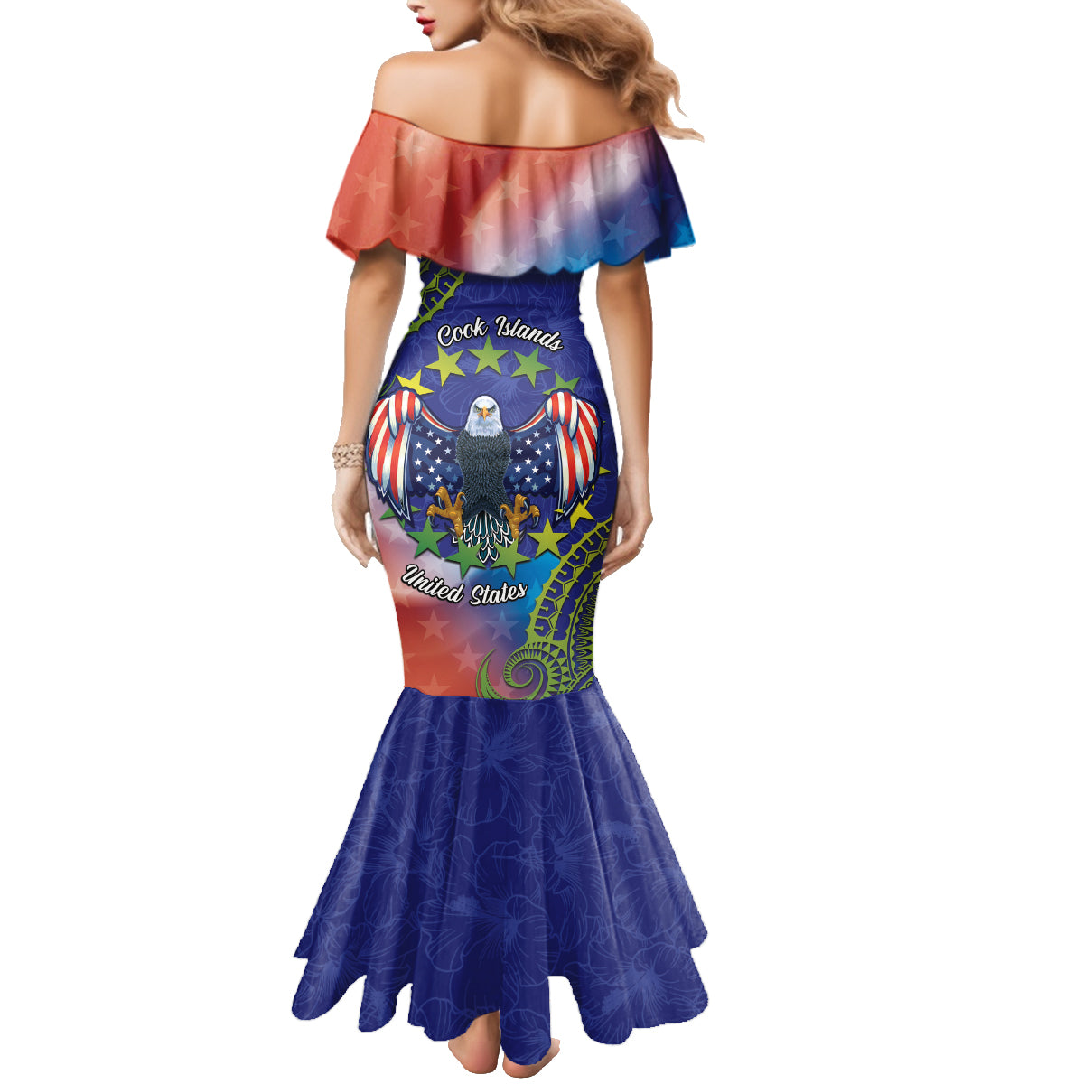 Personalised United States And Cook Islands Family Matching Mermaid Dress and Hawaiian Shirt USA Eagle Mix Polynesian Pattern