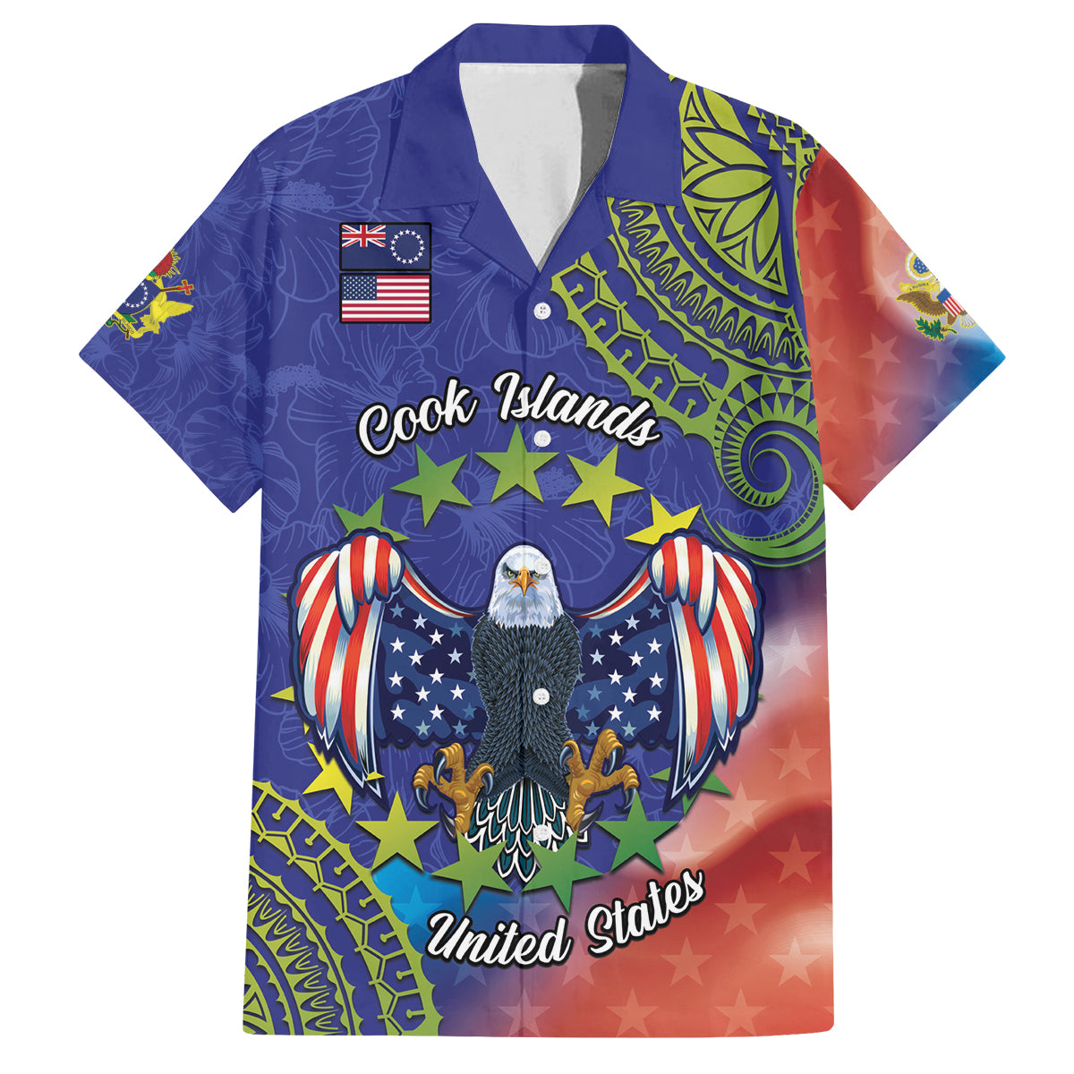Personalised United States And Cook Islands Family Matching Off The Shoulder Long Sleeve Dress and Hawaiian Shirt USA Eagle Mix Polynesian Pattern LT14 Dad's Shirt - Short Sleeve Blue - Polynesian Pride