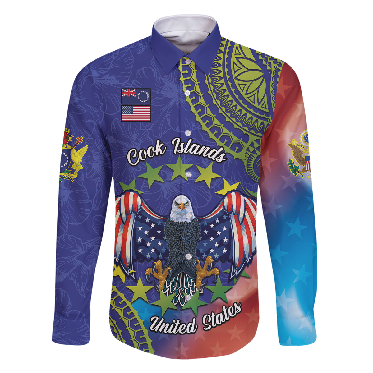 Personalised United States And Cook Islands Family Matching Off The Shoulder Long Sleeve Dress and Hawaiian Shirt USA Eagle Mix Polynesian Pattern LT14 Dad's Shirt - Long Sleeve Blue - Polynesian Pride