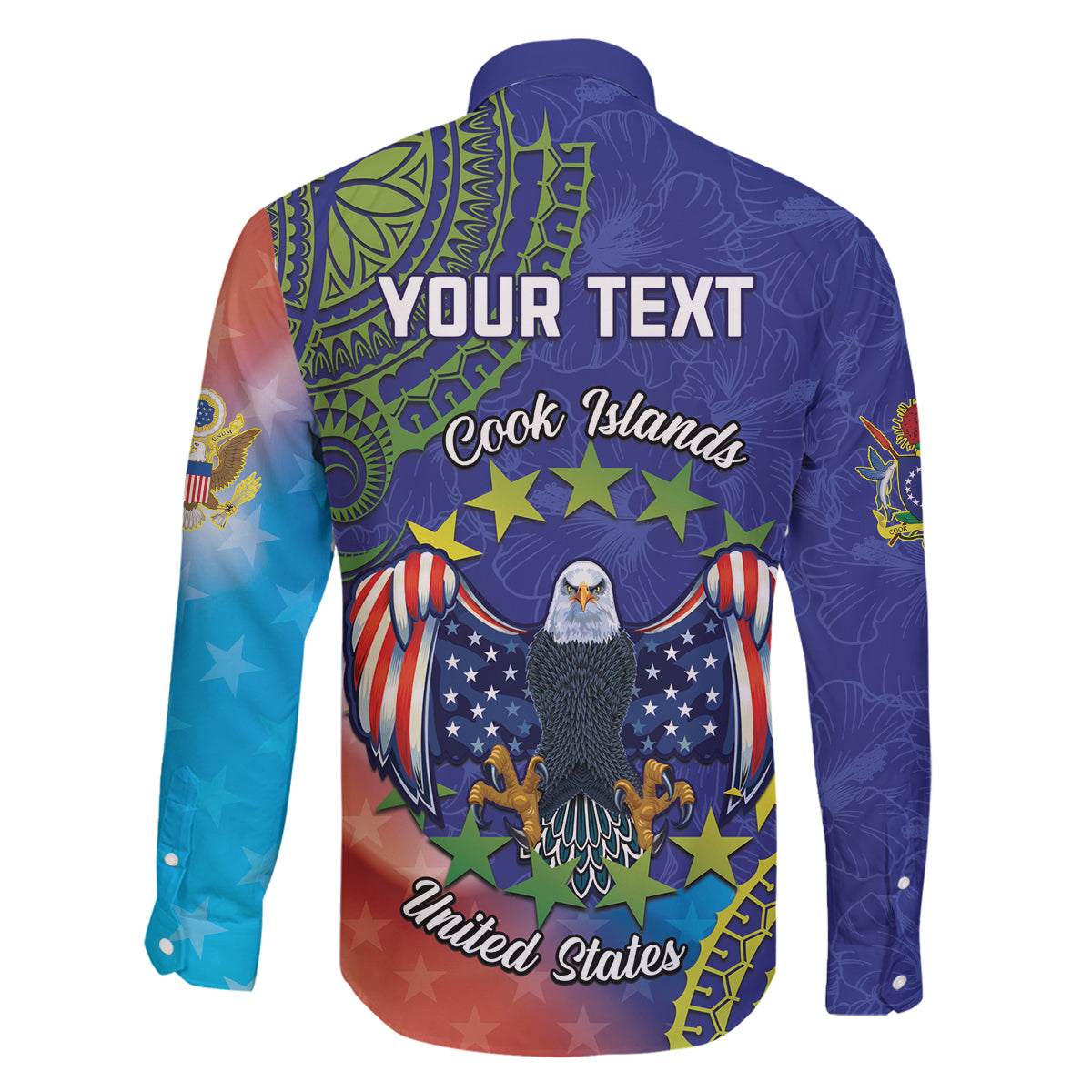 Personalised United States And Cook Islands Family Matching Off The Shoulder Long Sleeve Dress and Hawaiian Shirt USA Eagle Mix Polynesian Pattern LT14 - Polynesian Pride