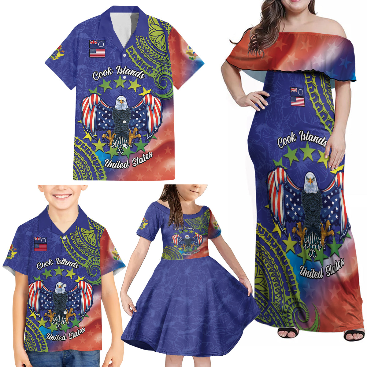 Personalised United States And Cook Islands Family Matching Off Shoulder Maxi Dress and Hawaiian Shirt USA Eagle Mix Polynesian Pattern