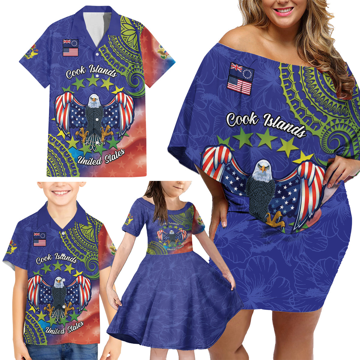 Personalised United States And Cook Islands Family Matching Off Shoulder Short Dress and Hawaiian Shirt USA Eagle Mix Polynesian Pattern