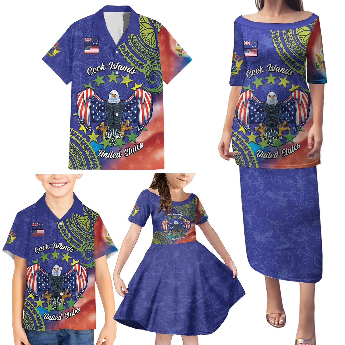 Personalised United States And Cook Islands Family Matching Puletasi and Hawaiian Shirt USA Eagle Mix Polynesian Pattern