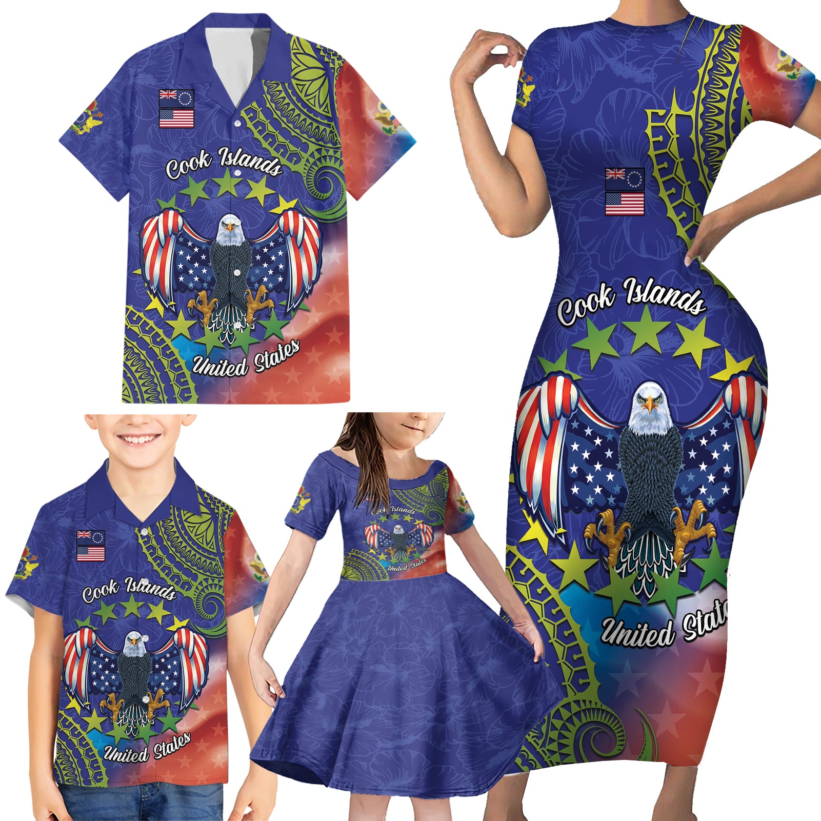 Personalised United States And Cook Islands Family Matching Short Sleeve Bodycon Dress and Hawaiian Shirt USA Eagle Mix Polynesian Pattern