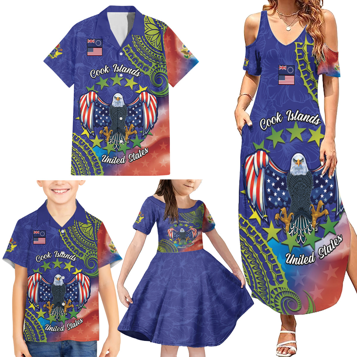 Personalised United States And Cook Islands Family Matching Summer Maxi Dress and Hawaiian Shirt USA Eagle Mix Polynesian Pattern