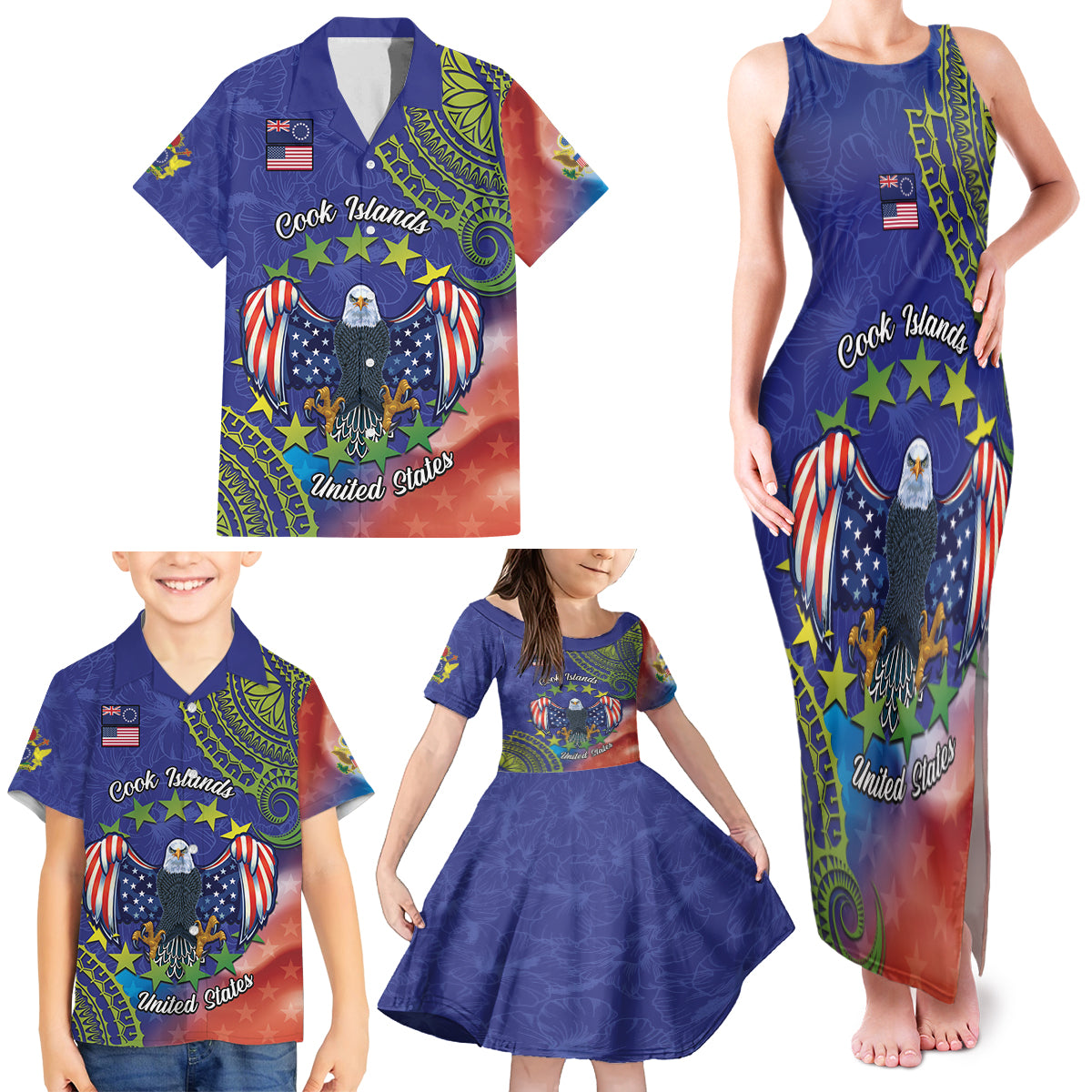 Personalised United States And Cook Islands Family Matching Tank Maxi Dress and Hawaiian Shirt USA Eagle Mix Polynesian Pattern