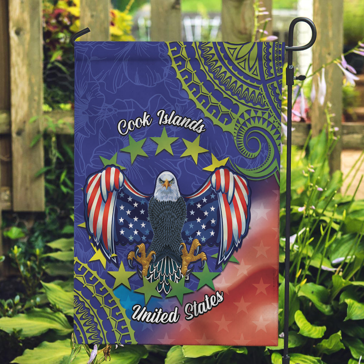 Personalised United States And Cook Islands Garden Flag USA Eagle Mix Polynesian Pattern